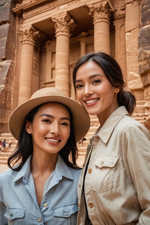 A portrait photo of two different stunning fashion East Asian tourists at Petra, Jordan, taken with an 85mm f/1.4 lens. The shot features soft sunlight from behind, creating gentle shadows and a warm, inviting atmosphere amidst the ancient rock-cut architecture. The east-asian woman is in her 40s, dressed in elegant, fashionable clothing suitable for the warm desert climate, and wearing a stylish fashion hat. Her 70s mother stands beside her, also dressed elegantly, reflecting the fashion of her era. They both stand confidently against the backdrop of Petra’s iconic Treasury, smiling and relaxed. The image captures the timeless beauty of Petra and the elegance of the women, conveying a sense of adventure, sophistication, and the thrill of exploring historic sites.