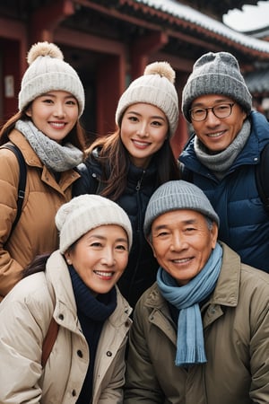 a portrait photo of 4 stunning  east-asian tourists traveling to China during autumn, taken with an 85mm f/1.4 lens. The shot features soft sunlight from behind, creating gentle shadows and a warm, inviting atmosphere despite the snowy weather. The group consists of a stunning beautiful woman in her 70s taking her husband in his 75s and her friends on a trip. Each person has a distinct face and they are both relaxed, smiling, and dressed in fashion clothing suitable for the cool winter weather with snow. They are engaged in various activities such as taking photos, eating, and enjoying outdoor activities. The image conveys joy, fun, and excitement of the trip.  
