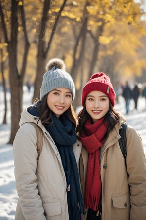 a portrait photo of different 5 east-asian tourists traveling to China during winter, taken with an 85mm f/1.4 lens. The shot features soft sunlight from behind, creating gentle shadows and a warm, inviting atmosphere despite the snowy weather. The group consists of a stunning-beautiful woman in her 20s taking her friends  on a trip. Each person has a distinct face and they are both relaxed, smiling, and dressed in Fashion clothing suitable for the  autumn weather. They are engaged in various activities such as taking photos, eating, and enjoying outdoor activities. The image conveys joy, fun, and excitement of the trip. everyone must looked different
