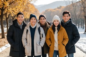 a portrait photo of different 4 east-asian tourists traveling to China during winter, taken with an 85mm f/1.4 lens. The shot features soft sunlight from behind, creating gentle shadows and a warm, inviting atmosphere despite the snowy weather. The group consists of stunning-beautiful weman and men in their 20s on a trip. Each person has a distinct face and they are relaxed, smiling, and dressed in autumn Fashion . Their face are Oval, round, square and heart-shaped. They are engaged in various activities such as taking photos, eating, and enjoying outdoor activities. The image conveys joy, fun, and excitement of the trip. everyone must looked different
