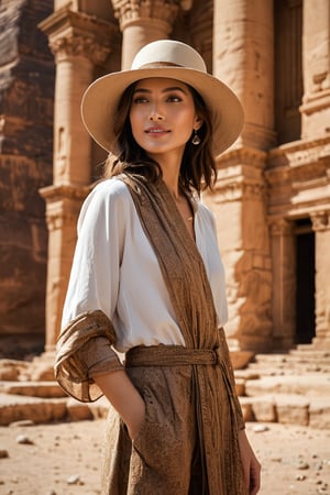 A portrait photo of a stunning fashion East Asian lady at Petra, Jordan, taken with an 85mm f/1.4 lens. The shot features soft sunlight from behind, creating gentle shadows and a warm, inviting atmosphere amidst the ancient rock-cut architecture. The woman is in her 40s, dressed in elegant, fashionable clothing suitable for the warm desert climate, and wearing a stylish fashion hat. Her 70s mother stands beside her, also dressed elegantly, reflecting the fashion of her era. They both stand confidently against the backdrop of Petra’s iconic Treasury, smiling and relaxed. The image captures the timeless beauty of Petra and the elegance of the women, conveying a sense of adventure, sophistication, and the thrill of exploring historic sites.