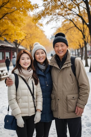 a portrait photo of 4 stunning  east-asian tourists traveling to China during autumn, taken with an 85mm f/1.4 lens. The shot features soft sunlight from behind, creating gentle shadows and a warm, inviting atmosphere despite the snowy weather. The group consists of a stunning beautiful woman in her 70s taking her husband in his 75s and her friends on a trip. Each person has a distinct face and they are both relaxed, smiling, and dressed in fashion clothing suitable for the cool winter weather with snow. They are engaged in various activities such as taking photos, eating, and enjoying outdoor activities. The image conveys joy, fun, and excitement of the trip.  
