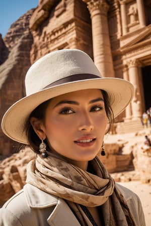 A portrait photo of 2 stunning fashion East Asian tourist at Petra, Jordan, taken with an 85mm f/1.4 lens. The shot features soft sunlight from behind, creating gentle shadows and a warm, inviting atmosphere amidst the ancient rock-cut architecture. The woman is in her 40s, dressed in elegant, fashionable clothing suitable for the warm desert climate, and wearing a stylish fashion hat. Her 70s mother stands beside her, also dressed elegantly, reflecting the fashion of her era. They both stand confidently against the backdrop of Petra’s iconic Treasury, smiling and relaxed. The image captures the timeless beauty of Petra and the elegance of the women, conveying a sense of adventure, sophistication, and the thrill of exploring historic sites.