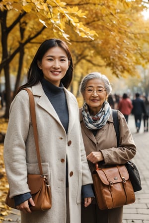 a portrait photo of east-asian tourists, the daughter and 70s grand mother, traveling to China during autumn, taken with an 85mm f/1.4 lens. The shot features soft sunlight from behind, creating gentle shadows and a warm, inviting atmosphere. The stunning-beautiful weman in their 30s taking her 70s grand mother on a trip. Each person has a distinct face and they are relaxed, smiling, and dressed in Fashion clothing suitable for the  autumn weather.  They are engaged in various activities such as taking photos, eating, and enjoying outdoor activities. The image conveys joy, fun, and excitement of the trip. everyone must looked different
