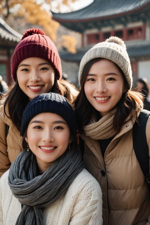 a portrait photo of 5 east-asian tourists traveling to China during winter, taken with an 85mm f/1.4 lens. The shot features soft sunlight from behind, creating gentle shadows and a warm, inviting atmosphere despite the snowy weather. The group consists of a stunning-beautiful woman in her 20s taking her friends  on a trip. Each person has a distinct face and they are both relaxed, smiling, and dressed in Fashion clothing suitable for the cool autumn weather. They are engaged in various activities such as taking photos, eating, and enjoying outdoor activities. The image conveys joy, fun, and excitement of the trip.
