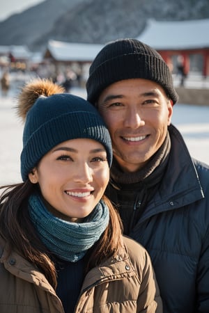 a portrait photo of two Thai tourists traveling to China during winter, taken with an 85mm f/1.4 lens. The shot features soft sunlight from behind, creating gentle shadows and a warm, inviting atmosphere despite the snowy weather. The group consists of a stunning-beautiful woman in her 40s taking her husband in his 50s  on a trip. Each person has a distinct face and they are both relaxed, smiling, and dressed in casual clothing suitable for the cool winter weather with snow. They are engaged in various activities such as taking photos, eating, and enjoying outdoor activities. The image conveys joy, fun, and excitement of the trip.
