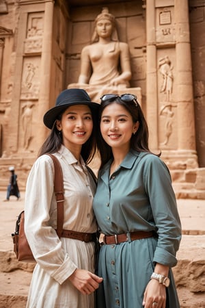 A portrait photo of two stunning fashion East Asian tourists at Petra, Jordan, taken with an 85mm f/1.4 lens. The shot features soft sunlight from behind, creating gentle shadows and a warm, inviting atmosphere amidst the ancient rock-cut architecture. The woman is in her 40s, dressed in elegant, fashionable clothing suitable for the warm desert climate, and wearing a stylish fashion hat. Her mother, in her 70s, stands beside her, also dressed elegantly, reflecting the fashion of her era. They both stand confidently against the backdrop of Petra’s iconic Treasury, smiling and relaxed. The image captures the timeless beauty of Petra and the elegance of the women, conveying a sense of adventure, sophistication, and the thrill of exploring historic sites.