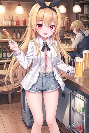 Yue, 1girl, long_hair, solo, refrigerator, shorts, fang, open_mouth, can, alternate_costume, bow, ribbon, red_eyes, hair_bow, smile, , short_shorts, looking_at_viewer, holding, , 


, bottle, indoors, denim_shorts, alcohol, red_bow, very_long_hair, bangs, blue_shorts, beer, food