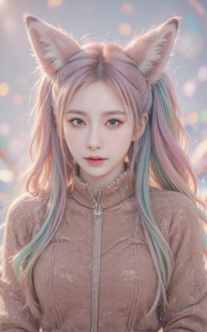 A girl with rainbow twintails and foxears and fox tails. 