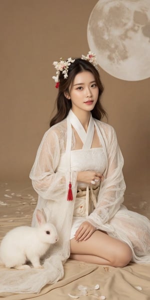 A young woman in a beautiful white hanfu sits on a soft, patterned fabric. She is adorned with delicate floral hair ornaments and a red tassel hangs from her waist. Her expression is serene and elegant, her gaze directed towards the viewer. A white rabbit sits beside her, adding a touch of innocence and charm to the scene. The background features a large moon, creating a sense of cultural richness and mystique. 