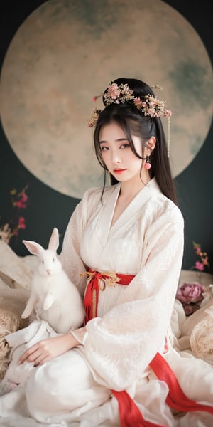 A young woman in a beautiful white hanfu sits on a soft, patterned fabric. She is adorned with delicate floral hair ornaments and a red tassel hangs from her waist. Her expression is serene and elegant, her gaze directed towards the viewer. A white rabbit sits beside her, adding a touch of innocence and charm to the scene. The background features a large moon, creating a sense of cultural richness and mystique. 