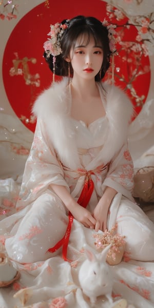 A young woman in a beautiful white kimono sits on a soft, patterned fabric. She is adorned with delicate floral hair ornaments and a red tassel hangs from her waist. Her expression is serene and elegant, her gaze directed towards the viewer. A white rabbit sits beside her, adding a touch of innocence and charm to the scene. The background features a large red circle and a traditional Chinese character, creating a sense of cultural richness and mystique. [Photorealistic portrait, inspired by the works of Annie Leibovitz and Steve McCurry], [Soft, natural light, focus on the woman's face and her elegant pose, blurred background with a sense of depth, textured surfaces, a sense of cultural heritage and beauty], Hanfu, KOLNB, Ahri,Auguste Renoir ~ Paul Peel ~ John Singer Sargent ~ Alexandre-Jacques Chantron ~ John William Godward ~ John William Waterhouse ~ Han-Wu Shen ~ Ishitaka Amano ~ Chakrapan Posayakrit ~ Kim Jung Gi ~ Kei Mieno ~ Ikushima Hiroshi ~ WLOP ~ William-Adolphe Bouguereau ~ Alphonse Mucha ~Luis Royo ~ Range Murata ~ Jock Sturges photography ~ David Hamillton photography,sparkles,,surreal