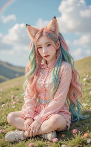 A  bright-eyed girl with vibrant rainbow-colored twin tails styled in loose, flowing waves. Her ears are adorned with delicate fox-shaped earpieces, complete with fluffy fur details.  Fox-tailS wraps around her waist, its soft fur catching the warm light of a sunny day. She sits cross-legged on a grassy hillside, surrounded by wildflowers and a backdrop of fluffy white clouds and rianbows.