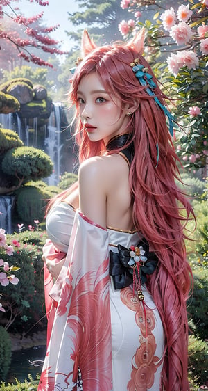 vibrant colors, female, masterpiece, sharp focus, best quality, depth of field, cinematic lighting, ((solo, one woman )), (illustration, 8k CG, extremely detailed), masterpiece, ultra-detailed,solo, pink eyes, ribbon, purple hair, pink hair,gradient hair,longhair ,pink pupil,  alternate hairstyle, sexy,Big boobs,cleavage,exposed,translucent clothes,no black clothes,sweat,pink nipples


the background is a Japanese garden full of blooming cherry blossoms,creating an atmosphere of zen and peaceful, full of sunshine,long hair, (white fox ears, three tailed fox,), white earring, (full length),