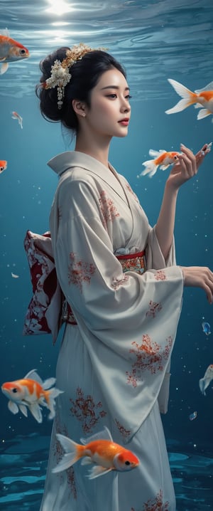 Photo, realistic, light refraction, llngsh AND 1920s geisha, face, brunette, kimono goldfish look like they are swimming in the air, deep blue and light blue gradation, very beautiful, cool feeling piece,  