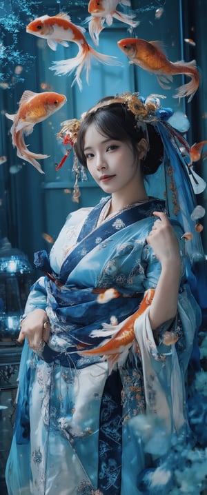 Photo, realistic, light refraction, llngsh AND 1920s geisha, face, brunette, kimono goldfish look like they are swimming in the air, deep blue and light blue gradation, very beautiful, cool feeling piece,  