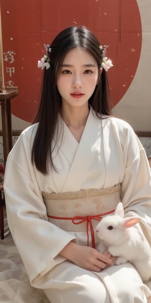 A young woman in a beautiful white kimono sits on a soft, patterned fabric. She is adorned with delicate floral hair ornaments and a red tassel hangs from her waist. Her expression is serene and elegant, her gaze directed towards the viewer. A white rabbit sits beside her, adding a touch of innocence and charm to the scene. The background features a large red circle and a traditional Chinese character, creating a sense of cultural richness and mystique. [Photorealistic portrait, inspired by the works of Annie Leibovitz and Steve McCurry], [Soft, natural light, focus on the woman's face and her elegant pose, blurred background with a sense of depth, textured surfaces, a sense of cultural heritage and beauty], Hanfu, KOLNB, Ahri,Auguste Renoir ~ Paul Peel ~ John Singer Sargent ~ Alexandre-Jacques Chantron ~ John William Godward ~ John William Waterhouse ~ Han-Wu Shen ~ Ishitaka Amano ~ Chakrapan Posayakrit ~ Kim Jung Gi ~ Kei Mieno ~ Ikushima Hiroshi ~ WLOP ~ William-Adolphe Bouguereau ~ Alphonse Mucha ~Luis Royo ~ Range Murata ~ Jock Sturges photography ~ David Hamillton photography,sparkles,,surreal