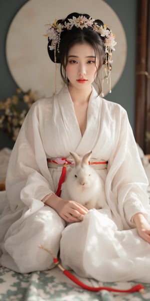 A young woman in a beautiful white hanfu sits on a soft, patterned fabric. She is adorned with delicate floral hair ornaments and a red tassel hangs from her waist. Her expression is serene and elegant, her gaze directed towards the viewer. A white rabbit sits beside her, adding a touch of innocence and charm to the scene. The background features a large moon, creating a sense of cultural richness and mystique. 