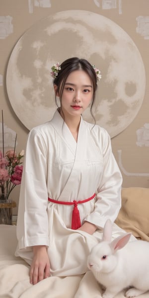 A young woman in a beautiful white hanfu sits on a soft, patterned fabric. She is adorned with delicate floral hair ornaments and a red tassel hangs from her waist. Her expression is serene and elegant, her gaze directed towards the viewer. A white rabbit sits beside her, adding a touch of innocence and charm to the scene. The background features a large moon, creating a sense of cultural richness and mystique. 