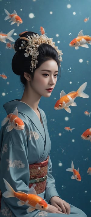 Photo, realistic, light refraction, llngsh AND 1920s geisha, face, brunette, kimono goldfish look like they are swimming in the air, deep blue and light blue gradation, very beautiful, cool feeling piece,  