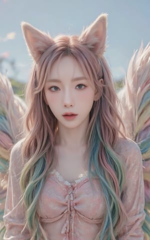 A girl with rainbow twintails and foxears and fox tails. 