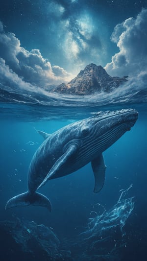 A young girl with a curious expression floats effortlessly amidst swirling clouds and stars, as a majestic whale breaches the surface of a dreamy ocean. In the background, a fantastical cityscape rises from the sea, blending seamlessly with the surreal landscape. Softly glowing blue lights illuminate the scene, casting an otherworldly ambiance.,CherryBloosomXMiya,Taeyeon 