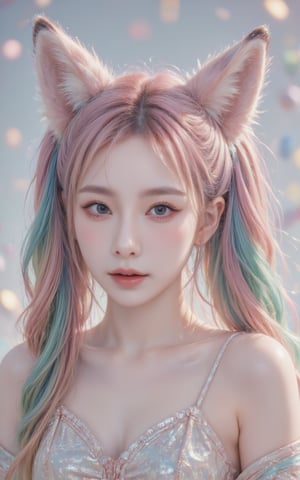 A girl with rainbow twintails and foxears and fox tails. 