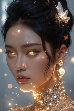 close,  woman with glowing eyes and hair in white gold jewelry, light painting, futuristic digital, realistic sci-fi, lights, gold filigree, diamond, ethereal, misty, holographic, white sky on background,glitter,black hair