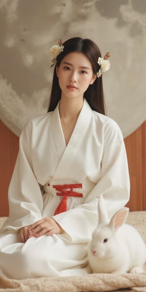 A young woman in a beautiful white hanfu sits on a soft, patterned fabric. She is adorned with delicate floral hair ornaments and a red tassel hangs from her waist. Her expression is serene and elegant, her gaze directed towards the viewer. A white rabbit sits beside her, adding a touch of innocence and charm to the scene. The background features a large moon, creating a sense of cultural richness and mystique. 