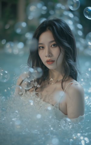 A stunning female model with an enhanced bust size poses provocatively amidst a whimsical setting, surrounded by ethereal water orbs that seem to defy gravity. Soft focus and gentle lighting envelop her refined facial structure and luscious locks, drawing attention to her captivating gaze. The shimmering, translucent spheres create an air of enchantment as she emerges from the sea of floating bubbles.