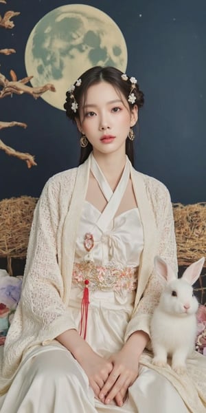 A young woman in a beautiful white hanfu sits on a soft, patterned fabric. She is adorned with delicate floral hair ornaments and a red tassel hangs from her waist. Her expression is serene and elegant, her gaze directed towards the viewer. A white rabbit sits beside her, adding a touch of innocence and charm to the scene. The background features a large moon, creating a sense of cultural richness and mystique. 