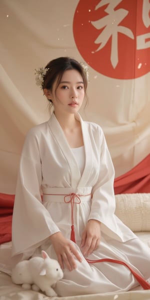 A young woman in a beautiful white kimono sits on a soft, patterned fabric. She is adorned with delicate floral hair ornaments and a red tassel hangs from her waist. Her expression is serene and elegant, her gaze directed towards the viewer. A white rabbit sits beside her, adding a touch of innocence and charm to the scene. The background features a large red circle and a traditional Chinese character, creating a sense of cultural richness and mystique. [Photorealistic portrait, inspired by the works of Annie Leibovitz and Steve McCurry], [Soft, natural light, focus on the woman's face and her elegant pose, blurred background with a sense of depth, textured surfaces, a sense of cultural heritage and beauty], Hanfu, KOLNB, Ahri,Auguste Renoir ~ Paul Peel ~ John Singer Sargent ~ Alexandre-Jacques Chantron ~ John William Godward ~ John William Waterhouse ~ Han-Wu Shen ~ Ishitaka Amano ~ Chakrapan Posayakrit ~ Kim Jung Gi ~ Kei Mieno ~ Ikushima Hiroshi ~ WLOP ~ William-Adolphe Bouguereau ~ Alphonse Mucha ~Luis Royo ~ Range Murata ~ Jock Sturges photography ~ David Hamillton photography,sparkles,,surreal