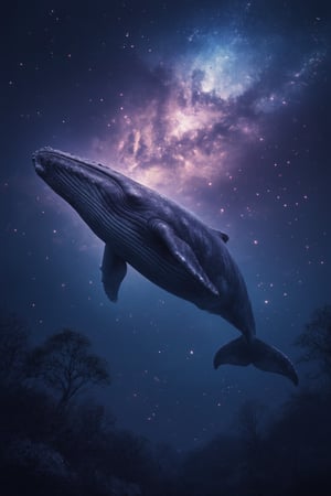 Fantasy Ultra Realistic High Detailed 8K Image, mythical creature like a super-large terrifying whale swimming in the sky, Multiverse tree beside it, beautiful galaxy aurora view, night, bright, CG, landscape, close-up shot, focused on whale and tree, cosmic lighting, dynamic composition, capturing the surreal scene, immersive environment blending celestial, mythical, and fantastical elements.