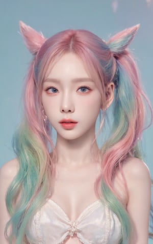 A girl with rainbow-colored twintails and foxears and fox tails.,Taeyeon 