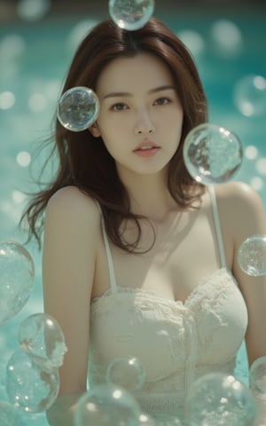 A stunning female model with an enhanced bust size poses provocatively amidst a whimsical setting, surrounded by ethereal water orbs that seem to defy gravity. Soft focus and gentle lighting envelop her refined facial structure and luscious locks, drawing attention to her captivating gaze. The shimmering, translucent spheres create an air of enchantment as she emerges from the sea of floating bubbles.