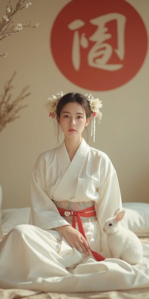 A young woman in a beautiful white kimono sits on a soft, patterned fabric. She is adorned with delicate floral hair ornaments and a red tassel hangs from her waist. Her expression is serene and elegant, her gaze directed towards the viewer. A white rabbit sits beside her, adding a touch of innocence and charm to the scene. The background features a large red circle and a traditional Chinese character, creating a sense of cultural richness and mystique. [Photorealistic portrait, inspired by the works of Annie Leibovitz and Steve McCurry], [Soft, natural light, focus on the woman's face and her elegant pose, blurred background with a sense of depth, textured surfaces, a sense of cultural heritage and beauty], Hanfu, KOLNB, Ahri,Auguste Renoir ~ Paul Peel ~ John Singer Sargent ~ Alexandre-Jacques Chantron ~ John William Godward ~ John William Waterhouse ~ Han-Wu Shen ~ Ishitaka Amano ~ Chakrapan Posayakrit ~ Kim Jung Gi ~ Kei Mieno ~ Ikushima Hiroshi ~ WLOP ~ William-Adolphe Bouguereau ~ Alphonse Mucha ~Luis Royo ~ Range Murata ~ Jock Sturges photography ~ David Hamillton photography,sparkles,,surreal