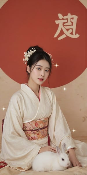 A young woman in a beautiful white kimono sits on a soft, patterned fabric. She is adorned with delicate floral hair ornaments and a red tassel hangs from her waist. Her expression is serene and elegant, her gaze directed towards the viewer. A white rabbit sits beside her, adding a touch of innocence and charm to the scene. The background features a large red circle and a traditional Chinese character, creating a sense of cultural richness and mystique. [Photorealistic portrait, inspired by the works of Annie Leibovitz and Steve McCurry], [Soft, natural light, focus on the woman's face and her elegant pose, blurred background with a sense of depth, textured surfaces, a sense of cultural heritage and beauty], Hanfu, KOLNB, Ahri,Auguste Renoir ~ Paul Peel ~ John Singer Sargent ~ Alexandre-Jacques Chantron ~ John William Godward ~ John William Waterhouse ~ Han-Wu Shen ~ Ishitaka Amano ~ Chakrapan Posayakrit ~ Kim Jung Gi ~ Kei Mieno ~ Ikushima Hiroshi ~ WLOP ~ William-Adolphe Bouguereau ~ Alphonse Mucha ~Luis Royo ~ Range Murata ~ Jock Sturges photography ~ David Hamillton photography,sparkles,,surreal