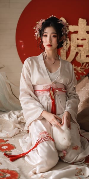 A young woman in a beautiful white kimono sits on a soft, patterned fabric. She is adorned with delicate floral hair ornaments and a red tassel hangs from her waist. Her expression is serene and elegant, her gaze directed towards the viewer. A white rabbit sits beside her, adding a touch of innocence and charm to the scene. The background features a large red circle and a traditional Chinese character, creating a sense of cultural richness and mystique. [Photorealistic portrait, inspired by the works of Annie Leibovitz and Steve McCurry], [Soft, natural light, focus on the woman's face and her elegant pose, blurred background with a sense of depth, textured surfaces, a sense of cultural heritage and beauty], Hanfu, KOLNB, Ahri,Auguste Renoir ~ Paul Peel ~ John Singer Sargent ~ Alexandre-Jacques Chantron ~ John William Godward ~ John William Waterhouse ~ Han-Wu Shen ~ Ishitaka Amano ~ Chakrapan Posayakrit ~ Kim Jung Gi ~ Kei Mieno ~ Ikushima Hiroshi ~ WLOP ~ William-Adolphe Bouguereau ~ Alphonse Mucha ~Luis Royo ~ Range Murata ~ Jock Sturges photography ~ David Hamillton photography,sparkles,,surreal