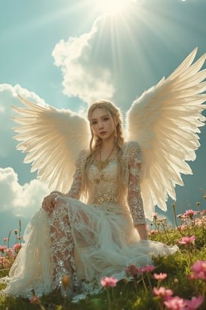 The Divine Maiden seated on a billowy cloud, long blonde braids cascading elegantly, striking grey eyes sparkling with ethereal wisdom, snow-white luminous skin radiating an otherworldly glow, transparent veil adorned with shimmering crystals fluttering gently, delicate and airy divine garments layered with elements of crystal, intricate gold bracelets adorning arms and legs, magnificent angel wings unfurling in pure light, vibrant sun rays filtering through, illuminating her presence, lush floral meadow beneath, creating an atmosphere of serene love and tranquility, wide-angle view showcasing the heavenly realm.,Taeyeon 