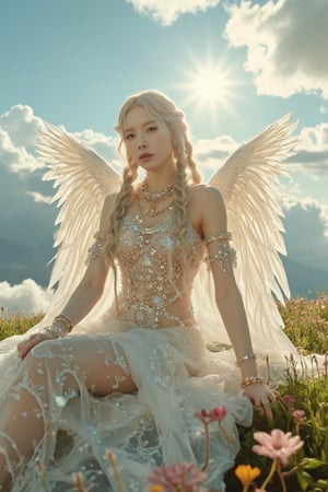 The Divine Maiden seated on a billowy cloud, long blonde braids cascading elegantly, striking grey eyes sparkling with ethereal wisdom, snow-white luminous skin radiating an otherworldly glow, transparent veil adorned with shimmering crystals fluttering gently, delicate and airy divine garments layered with elements of crystal, intricate gold bracelets adorning arms and legs, magnificent angel wings unfurling in pure light, vibrant sun rays filtering through, illuminating her presence, lush floral meadow beneath, creating an atmosphere of serene love and tranquility, wide-angle view showcasing the heavenly realm.,Taeyeon 