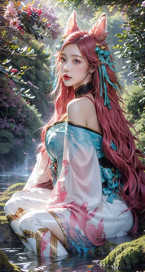 vibrant colors, female, masterpiece, sharp focus, best quality, depth of field, cinematic lighting, ((solo, one woman )), (illustration, 8k CG, extremely detailed), masterpiece, ultra-detailed,solo, pink eyes, ribbon, purple hair, pink hair,gradient hair,longhair ,very long hair,pink pupil,  alternate hairstyle, sexy,Big boobs,cleavage,exposed,translucent clothes,no black clothes,sweat,pink nipples


the background is a Japanese garden full of blooming cherry blossoms,creating an atmosphere of zen and peaceful, full of sunshine,long hair, (white fox ears, three tailed fox,), white earring, (full length),