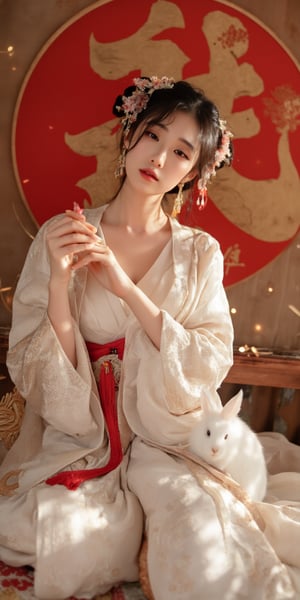 A young woman in a beautiful white kimono sits on a soft, patterned fabric. She is adorned with delicate floral hair ornaments and a red tassel hangs from her waist. Her expression is serene and elegant, her gaze directed towards the viewer. A white rabbit sits beside her, adding a touch of innocence and charm to the scene. The background features a large red circle and a traditional Chinese character, creating a sense of cultural richness and mystique. [Photorealistic portrait, inspired by the works of Annie Leibovitz and Steve McCurry], [Soft, natural light, focus on the woman's face and her elegant pose, blurred background with a sense of depth, textured surfaces, a sense of cultural heritage and beauty], Hanfu, KOLNB, Ahri,Auguste Renoir ~ Paul Peel ~ John Singer Sargent ~ Alexandre-Jacques Chantron ~ John William Godward ~ John William Waterhouse ~ Han-Wu Shen ~ Ishitaka Amano ~ Chakrapan Posayakrit ~ Kim Jung Gi ~ Kei Mieno ~ Ikushima Hiroshi ~ WLOP ~ William-Adolphe Bouguereau ~ Alphonse Mucha ~Luis Royo ~ Range Murata ~ Jock Sturges photography ~ David Hamillton photography,sparkles,,surreal