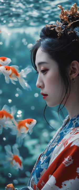 Photo, realistic, light refraction, llngsh AND 1920s geisha, face, brunette, kimono goldfish look like they are swimming in the air, deep blue and light blue gradation, very beautiful, cool feeling piece,  