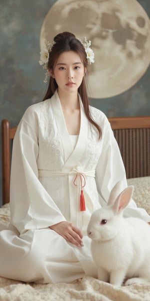 A young woman in a beautiful white hanfu sits on a soft, patterned fabric. She is adorned with delicate floral hair ornaments and a red tassel hangs from her waist. Her expression is serene and elegant, her gaze directed towards the viewer. A white rabbit sits beside her, adding a touch of innocence and charm to the scene. The background features a large moon, creating a sense of cultural richness and mystique. 