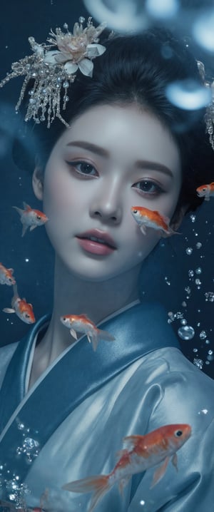 Photo, realistic, light refraction, llngsh AND 1920s geisha, face, brunette, kimono goldfish look like they are swimming in the air, deep blue and light blue gradation, very beautiful, cool feeling piece,  