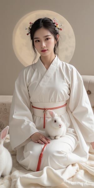 A young woman in a beautiful white hanfu sits on a soft, patterned fabric. She is adorned with delicate floral hair ornaments and a red tassel hangs from her waist. Her expression is serene and elegant, her gaze directed towards the viewer. A white rabbit sits beside her, adding a touch of innocence and charm to the scene. The background features a large moon, creating a sense of cultural richness and mystique. 