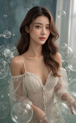 A stunning female model with an enhanced bust size poses provocatively amidst a whimsical setting, surrounded by ethereal water orbs that seem to defy gravity. Soft focus and gentle lighting envelop her refined facial structure and luscious locks, drawing attention to her captivating gaze. The shimmering, translucent spheres create an air of enchantment as she emerges from the sea of floating bubbles.