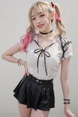 A sweet and sassy gyaru girl! In a cowboy-inspired shot, she's posed with one hip cocked and her long, multicolored hair flowing down her back. The gradient effect on her locks creates a striking contrast against the white shirt with a collared neckline, striped sleeves, and a bowtie at the front. A black choker adorns her neck, and her eyes sparkle with a blush as she flashes a bright smile. Her blonde bangs frame her face, and a pink hair ornament in the shape of a heart sits atop her ponytail. She wears a pleated skirt that's hiked up around her waist, revealing her thigh-high socks and black patent leather shoes. A pink bow adorns her collarbone, and a bracelet wraps around her wrist, drawing attention to her tattooed facial mark. The overall effect is playful, flirtatious, and utterly captivating.