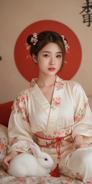 A young woman in a beautiful white kimono sits on a soft, patterned fabric. She is adorned with delicate floral hair ornaments and a red tassel hangs from her waist. Her expression is serene and elegant, her gaze directed towards the viewer. A white rabbit sits beside her, adding a touch of innocence and charm to the scene. The background features a large red circle and a traditional Chinese character, creating a sense of cultural richness and mystique. [Photorealistic portrait, inspired by the works of Annie Leibovitz and Steve McCurry], [Soft, natural light, focus on the woman's face and her elegant pose, blurred background with a sense of depth, textured surfaces, a sense of cultural heritage and beauty], Hanfu, KOLNB, Ahri,Auguste Renoir ~ Paul Peel ~ John Singer Sargent ~ Alexandre-Jacques Chantron ~ John William Godward ~ John William Waterhouse ~ Han-Wu Shen ~ Ishitaka Amano ~ Chakrapan Posayakrit ~ Kim Jung Gi ~ Kei Mieno ~ Ikushima Hiroshi ~ WLOP ~ William-Adolphe Bouguereau ~ Alphonse Mucha ~Luis Royo ~ Range Murata ~ Jock Sturges photography ~ David Hamillton photography,sparkles,,surreal