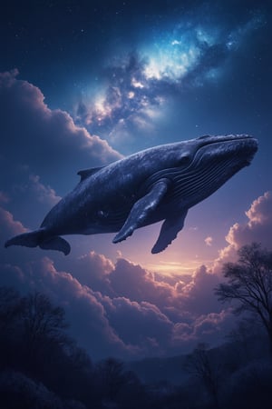 Fantasy Ultra Realistic High Detailed 8K Image, mythical creature like a super-large terrifying whale swimming in the sky, Multiverse tree beside it, beautiful galaxy aurora view, night, bright, CG, landscape, close-up shot, focused on whale and tree, cosmic lighting, dynamic composition, capturing the surreal scene, immersive environment blending celestial, mythical, and fantastical elements.